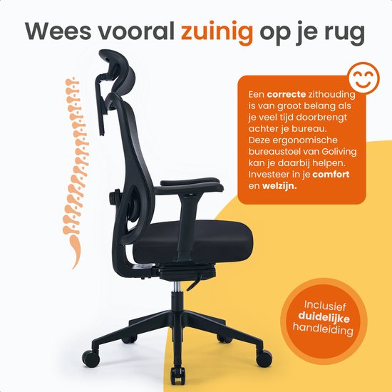 Goliving Ergonomic Office Chair - Chaise de bureau - Avec appui-tête - Chaise de bureau - Réglable - Gaming - Pour adultes - NEN-1335 - Noir