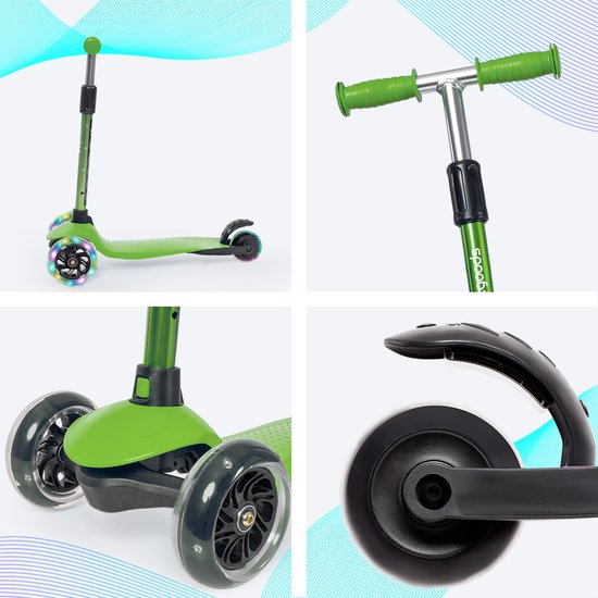 Trottinette pour enfants LifeGoods - 2-5 ans - 3 roues LED lumineuses - Hauteur réglable - Garçons/Filles - Vert