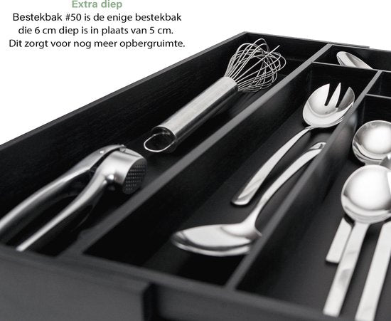 Budu Plateau à couverts extensible en bambou #50 (50 cm de profondeur) - Noir - Cassette à couverts en bois - Tiroir à couverts - 50 x 34.1 - 56 cm - 6/8 compartiments