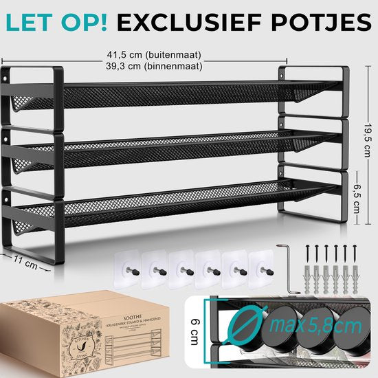 Soothe Spice Rack Standing and Hanging for 24 Spice Jars - 3 Layers - Spice Organiser - Spice Rack - Noir