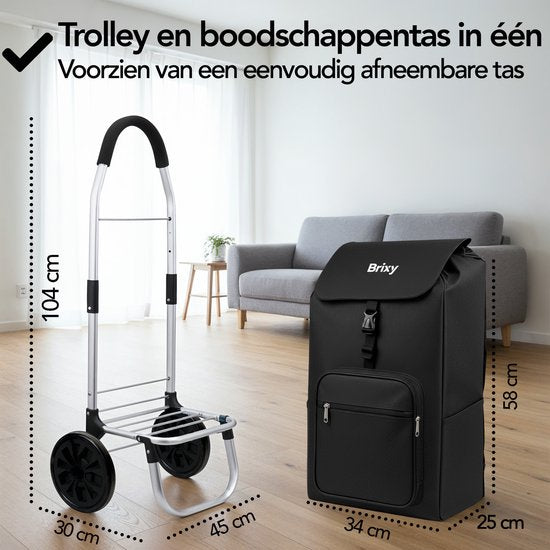Brixy Chariot de courses - Pliable - Avec roues - Sac de courses amovible - Chariot de courses - Noir