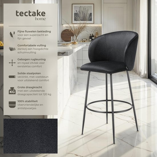 tectake® - Lot de 2 tabourets de bar Luana - Tabouret de bar rembourré avec dossier - Tabouret de bar avec repose-pieds - Chaise de salle à manger avec revêtement en velours - Pieds en acier robuste avec protection antidérapante du sol - Noir/noir