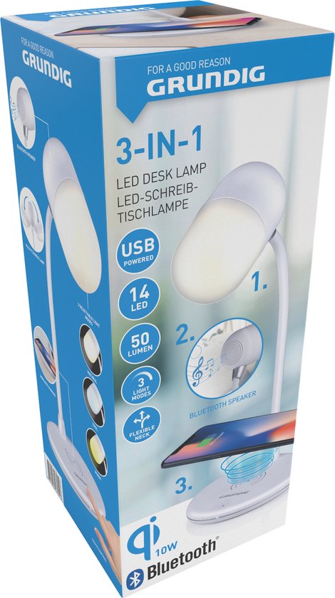 Grundig Desk Lamp Led 3-in-1 - Chargeur de téléphone sans fil Qi Technology - Haut-parleur Bluetooth - Lampe de lecture - Blanc