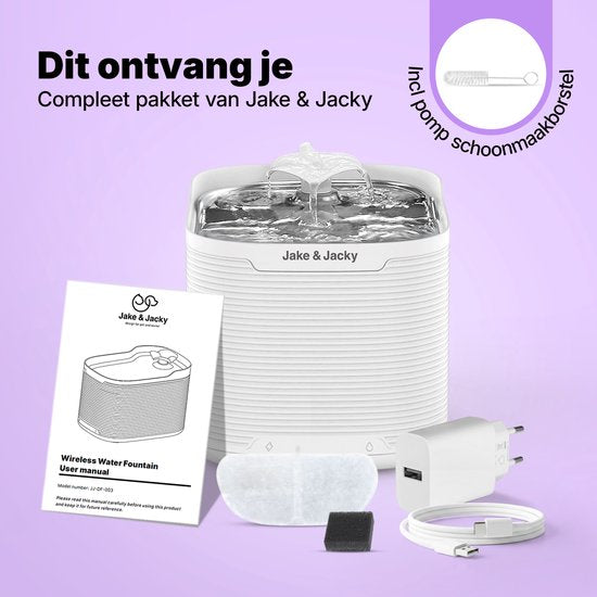 Jake & Jacky Abreuvoir inox sans fil pour chat et chien - Avec capteur et pile - Fontaine à eau pour chat - Abreuvoir pour chat - Bol à eau - Silencieux - Filtre inclus - 2.5L - Blanc