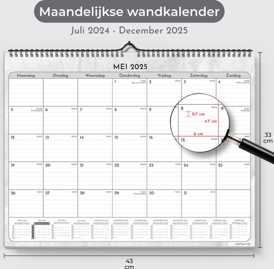 Systemyze Calendrier mensuel 2025 à suspendre 18 mois