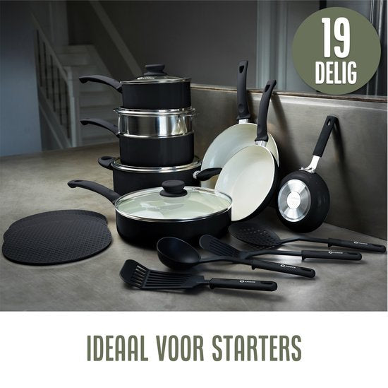 COOCK Batterie de cuisine à induction 19 pièces - Revêtement spécial antiadhésif - Poignées ergonomiques à froid - Aluminium recyclé - Ensemble de poêles à frire - Ensemble de casseroles - Noir/Blanc - Sous-verres et livre électronique inclus