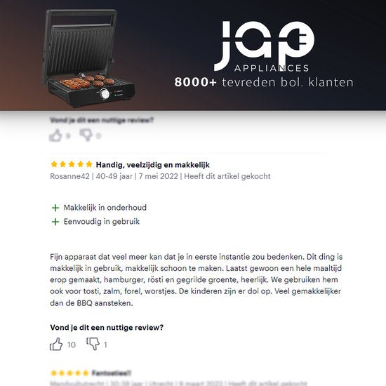 JAP Appliances Caligrill - Gril de contact (2000W) avec indicateur de température - 180°C Dépliable - Avec bac à graisse - <30 secondes pour chauffer - Noir