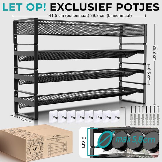Soothe Spice Rack Standing and Hanging for 40 Spice Jars - 4 Layers - Spice Organiser - Spice Rack - Noir