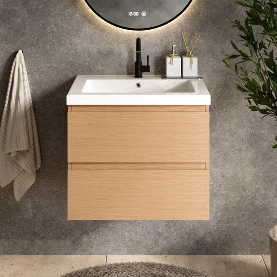 Mirlux Meuble de salle de bains Chêne clair 60 cm - Lavabo Blanc - Ensemble de meubles de salle de bains - Meuble lavabo Chêne clair