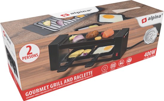alpina Raclette Gourmet Set - 400 W -Raclette et gril - Revêtement antiadhésif - Acier inoxydable - Facile à transporter - Noir