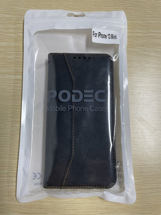 Podec Case with Card Holder Suitable for iPhone 13 Mini Black Phone Case - Anti-Shock Bookcase Cover with 1x Screen Protector - Wallet Case