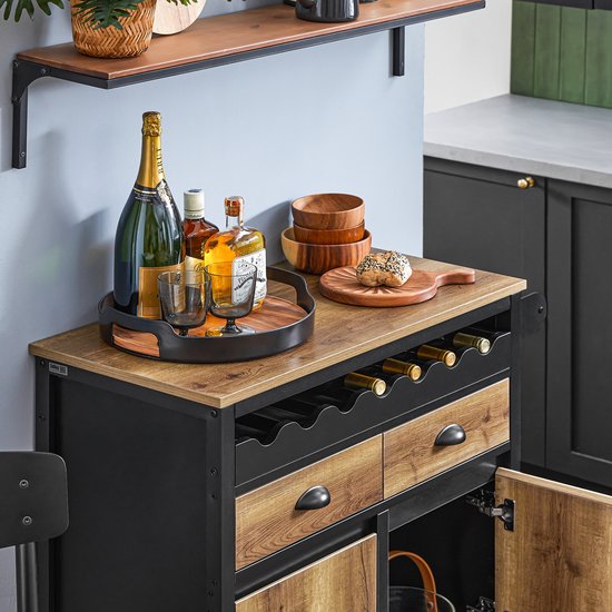 SoBuy Chariot de cuisine à roulettes, îlot de cuisine avec porte-bouteilles, 2 tiroirs et 2 portes, marron vintage, 89x40x87 cm, buffet et meuble de rangement - FKW122-SCH