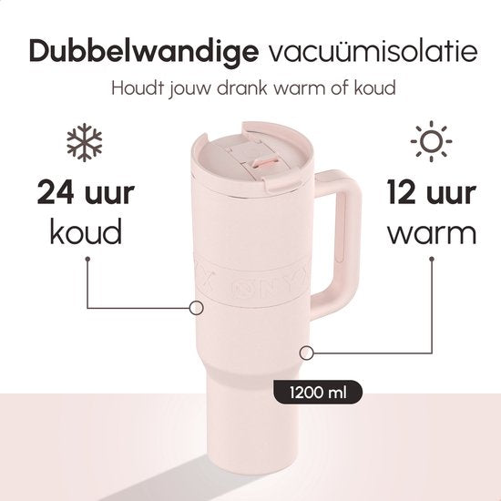 ONYX Bouteille à boire avec paille 1,2 litre - Bouteille d'eau pour enfants et adultes - Tasse thermos - Tasse de voyage - Boire pour la motivation - Tasse à boire pour l'école - Rose