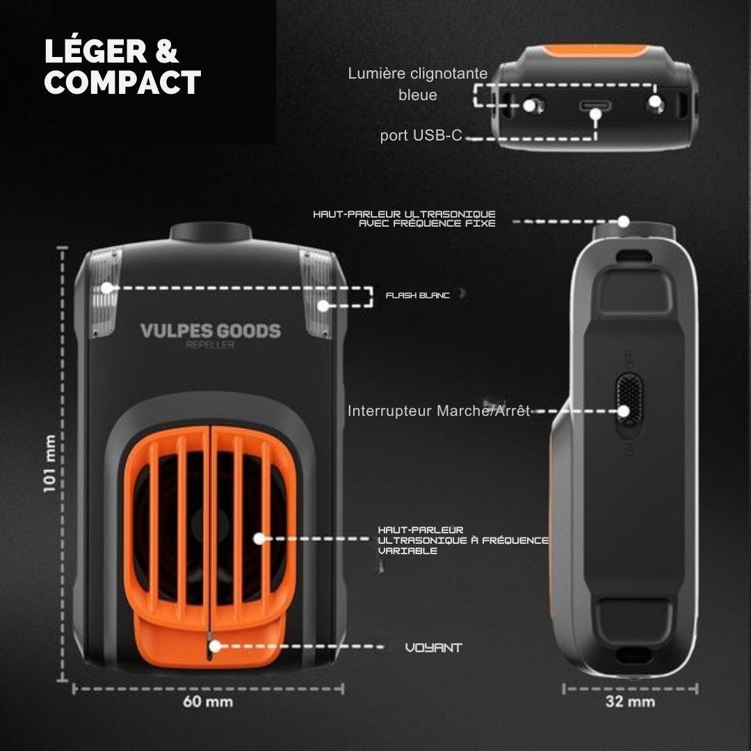 Deterrent Vulpes Goods® - Dissuasion de la martre de pierre - Intérieur et extérieur - Fréquences automatiques et lampes flash - USB et batterie de voiture - Martres, souris et rats - PRO V2 - 2 pièces - orange/noir