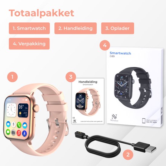 Nuvance - Smartwatch Homme et Femme avec Bluetooth - 45mm - Convient à tous les Smartphones - Podomètre et moniteur de fréquence cardiaque - Étanche - Rose clair