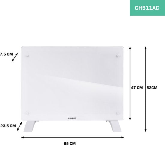 Chauffage électrique - VONROC - Convecteur avec panneau en verre - 750W/1500W - Jusqu'à 18m2 - Contrôlé par l'application (via Wifi) et manuellement - Blanc