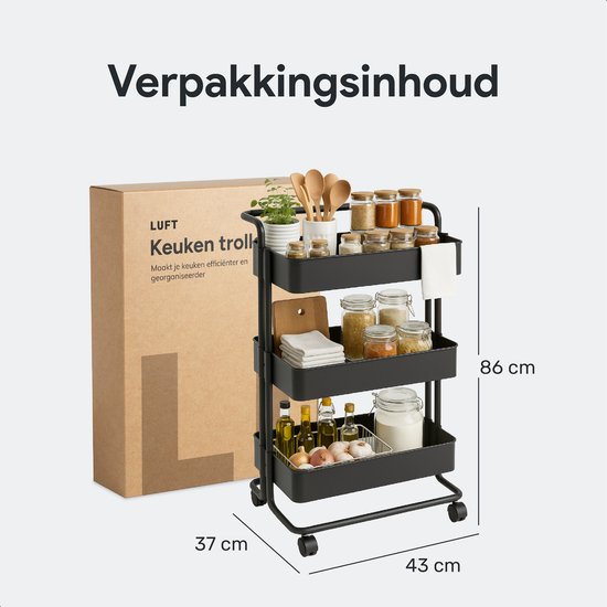 Chariot de cuisine à roulettes - 3 étages - Chariot de cuisine - Chariot de service - Armoire - Chariot - Rangement - Armoires de douche sur pied - Rack - Noir - Luft