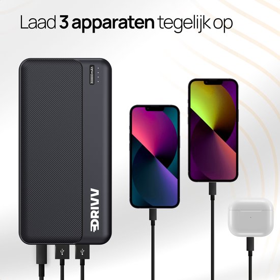 Drivv. Powerbank 30 000 mAh - Chargeur rapide 22,5 W - USB 3.0 - USB-C - Micro USB - Noir