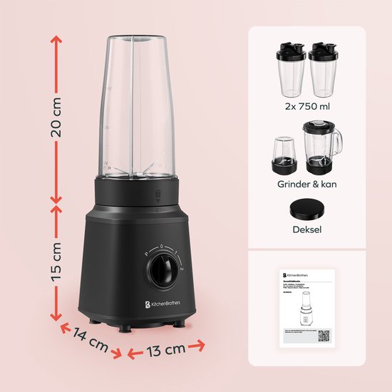 KitchenBrothers Blender - Set complet - 2x 750ml Jugug - Grinder - Strainer - To-Go Cups - Black