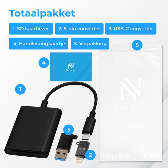 Nuvance SD Card Reader - Lecteur de cartes SD USB C - Lecteur de cartes - Convertisseurs Usb & 8-Pin inclus - Lecteur de cartes mémoire Micro SD - Noir