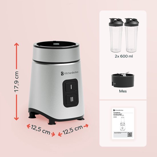 KitchenBrothers Mini Blender - Blender to Go - 2 Stands - Smoothie Maker - 2 To-Go Cups 600 ml - Noir