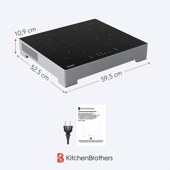 Table de cuisson à induction KitchenBrothers - autoportante - 60 cm - 4 zones - 1 phase - jusqu'à 2400W - Argent/RVS