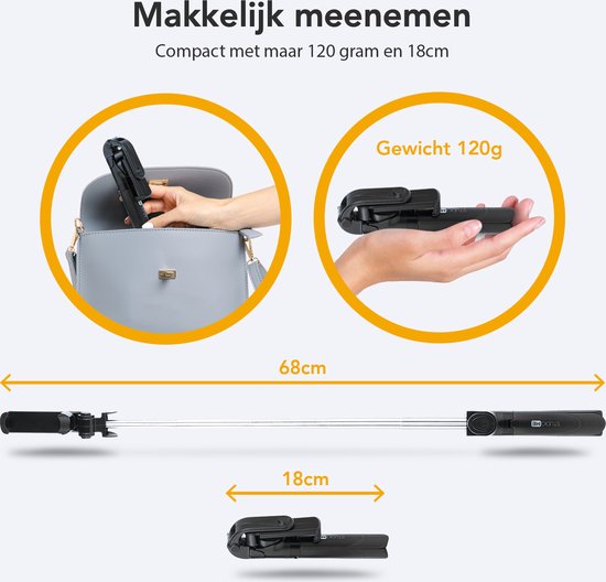 Studio ME - 3-in-1 Selfie Stick & Tripod - 19 à 70 cm - Plastique noir et acier inoxydable - Avec télécommande Bluetooth - Trépied universel pour téléphone - Compact et portable