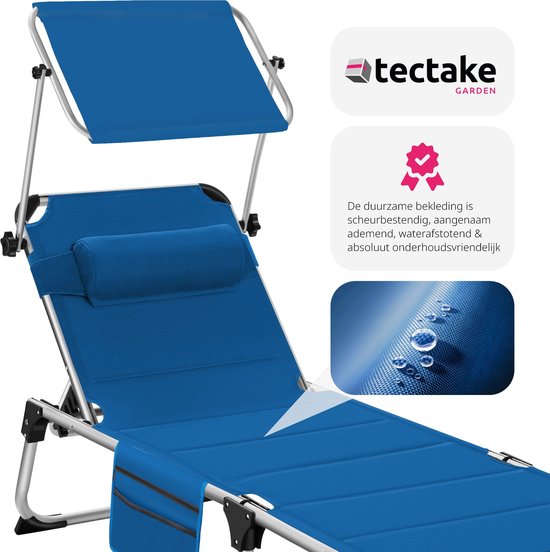tectake® Lounger Lorella with sun canopy - Lounger - Lit de soleil rembourré - Pliable - Pour le jardin ou le balcon - Avec poche latérale - Dimensions (LxPxH) 220 x 60.5 x 34 cm - Bleu