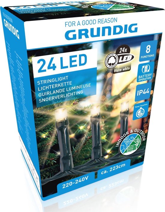 Guirlandes de Noël Grundig - 24 LED - 8 niveaux - avec minuterie - 223 cm - Blanc chaud