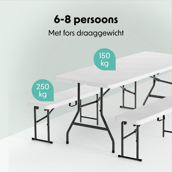 LifeGoods Set de pique-nique pliable - 180cm x 74cm - Table de jardin avec 2 bancs - Résistant aux intempéries - Table de camping - Table à bière pliable - Pour l'intérieur et l'extérieur - Pour 6 à 8 personnes - Blanc