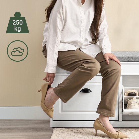 SoBuy FSR64-WG Meuble à chaussures, banc à chaussures, chaussures, entrée, 2 abattants avec coussin amovible, boîte de rangement, étagère pour entrée étroite, 104 x 24 x 51 cm, effet bois antique, blanc
