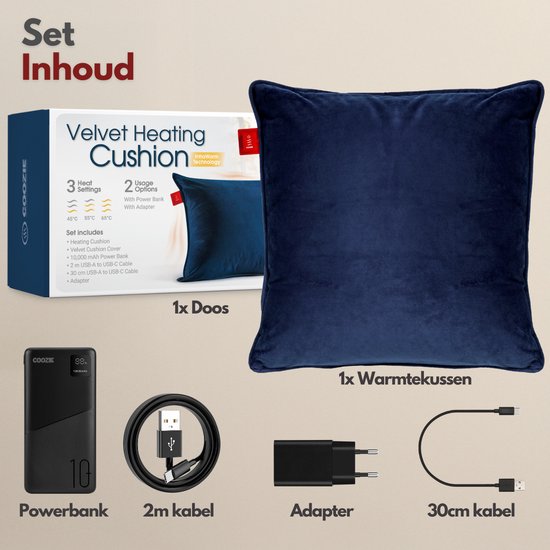 Coozie Rechargeable Heat Pillow - Sans fil et filaire - 45-65°C - Velours - 45 x 45 cm - Bleu foncé - Oreiller électrique - Powerbank incluse - Jusqu'à 8 heures de chaleur