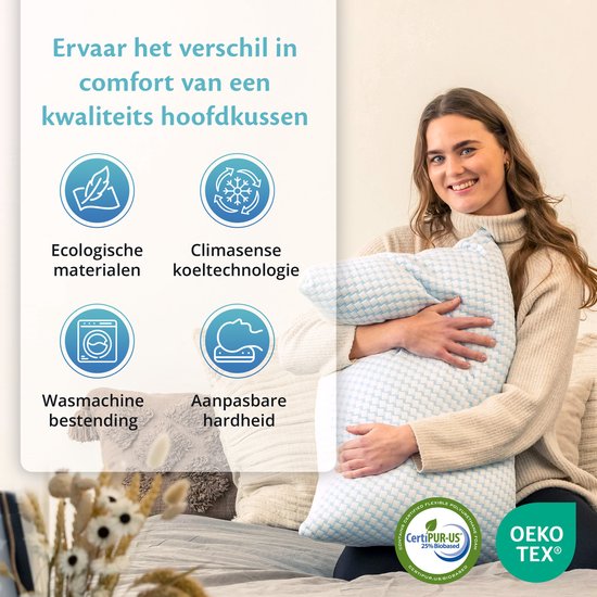 Ella® Oreiller de tête Douleurs cervicales 40 x 80 cm - Oreiller en bambou - Mousse à mémoire de forme / Rembourrage en mousse à mémoire de forme - Ergonomique et orthopédique - Taie d'oreiller incluse