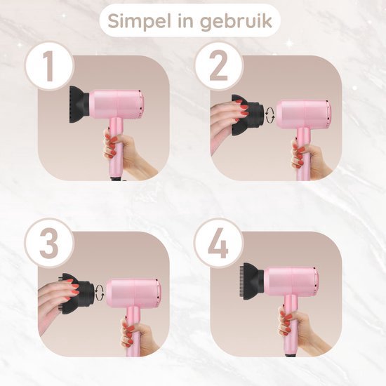 Sansbeauté® Hair Dryer with Diffuser - Ionic Hair Dryer - Brush - Travel Hair Dryer - 3 Attachments - Curls - Coolshot - 3 Stages - Hair Dryer with Diffuser - Hair Dryer - 2000W - Pink