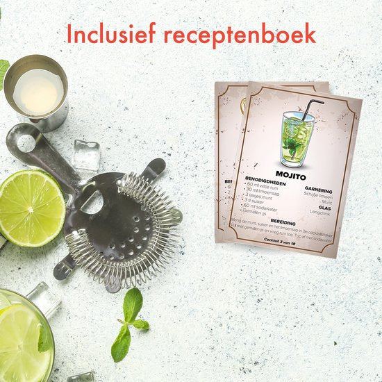 KitchenBrothers Set Cocktail - 25 pièces - Set de luxe - Shaker à cocktail (750ml) - Dark Brown/Bamboo - Avec livret de recettes - Emballage cadeau