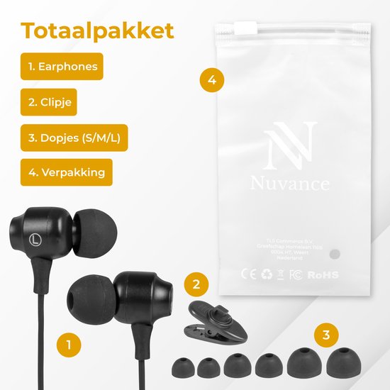 Nuvance - Ecouteurs avec fil - Connexion jack 3,5 mm - Ecouteurs avec fil - Ecouteurs intra-auriculaires avec fil et microphone - Noir