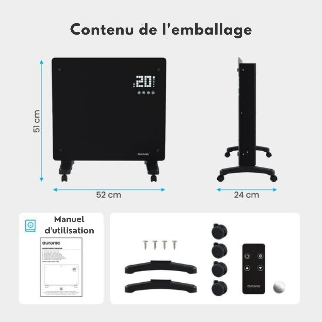 Radiateur électrique Auronic - avec thermostat et télécommande - à panneaux en verre - Radiateur 1000 W - Noir