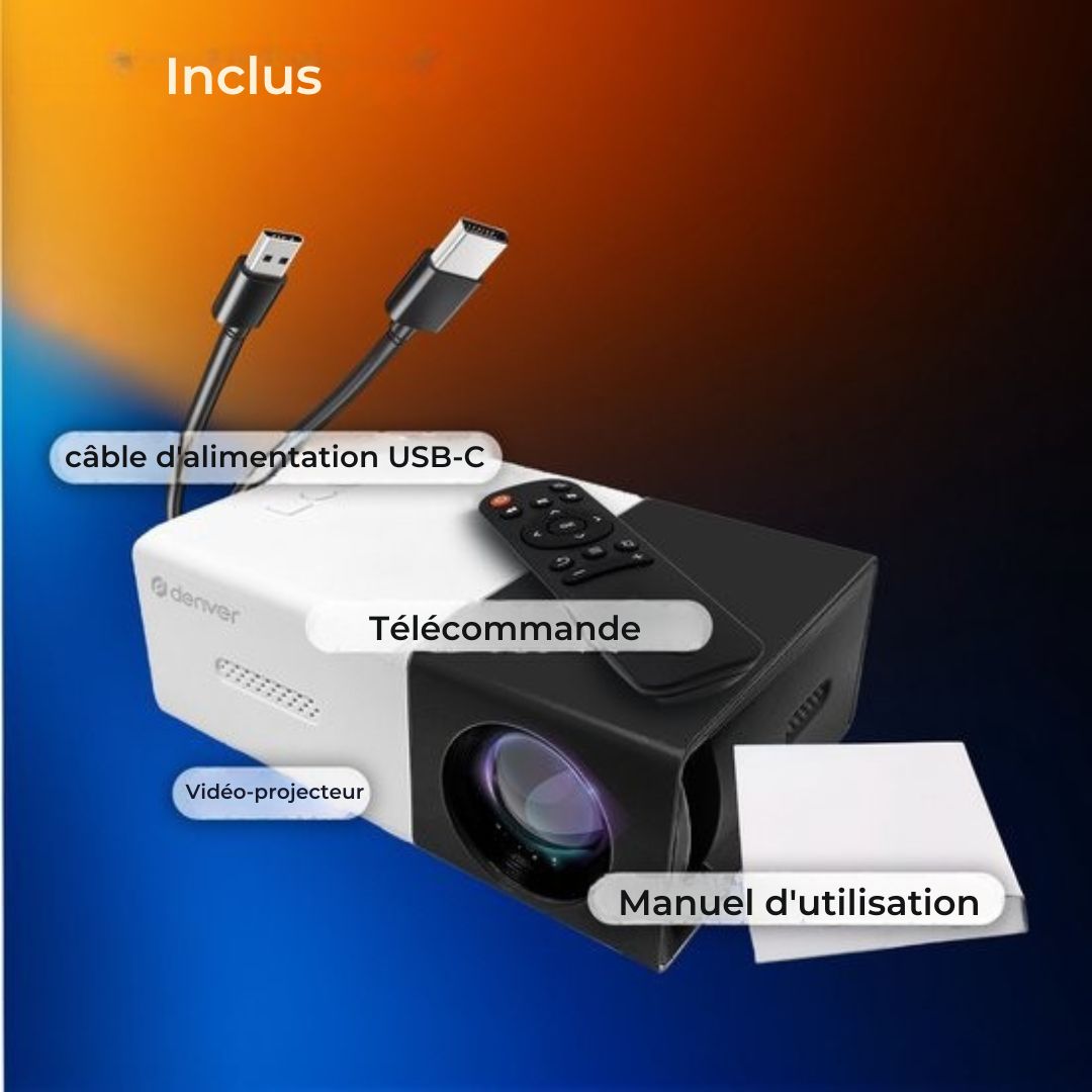 Mini vidéo-projecteur Denver Full HD - Streaming depuis votre téléphone (USB-C) - Mini projecteur - Télécommande incluse - HDMI/AUX/USB-C - PR800 - noir