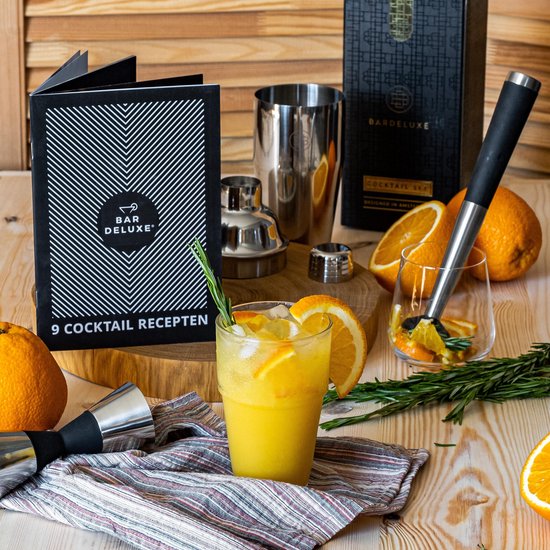BarDeluxe® Cocktail Shaker Set - 5-Piece Boston Shaker - Cocktail Set with Stamper, Sieve, Bar Spoon & Recipe Book - Includes Luxury Gift Box - Silver