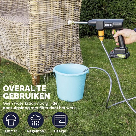 BREND BR-2235 Nettoyeur haute pression sans fil avec batterie et buse réglable - 3 modes de pulvérisation - Pulvérisateur haute pression avec tuyau d'aspiration et bouteille - Noir