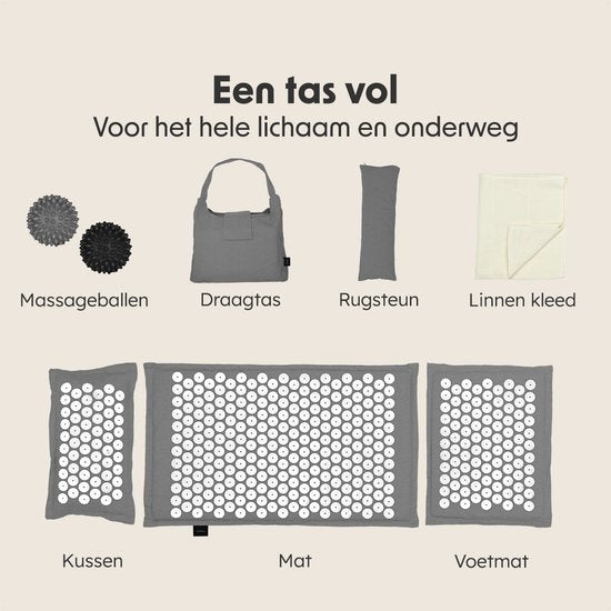 LifeGoods Acupressure Mat Eco - Set complet - oreiller / sac de transport / 2x Trigger Point Ball - Shakti mat - Nail Mat - 72x43x2cm - Gris/Blanc