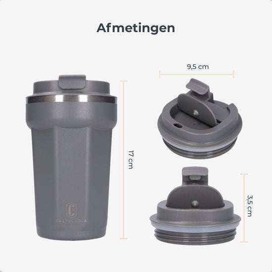 Castagnola Thermos Cup - Coffee Mug To Go - Travel Mug for Coffee and Tea - Tea Mug - 380 ML - Stainless Steel - Grey - Octagon
