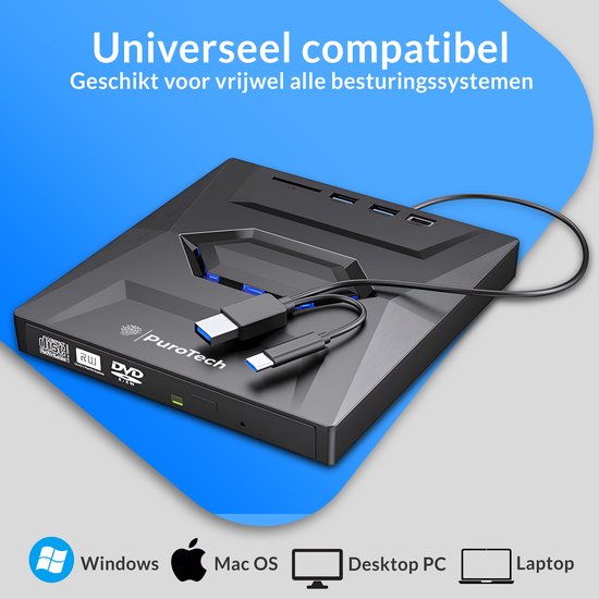 PuroTech Lecteur DVD/CD externe 3-en-1 pour ordinateur portable et PC - Graveur - Lecteur optique - USB 3.0 & USB C- Plug & Play - Windows, MacOS & Linux