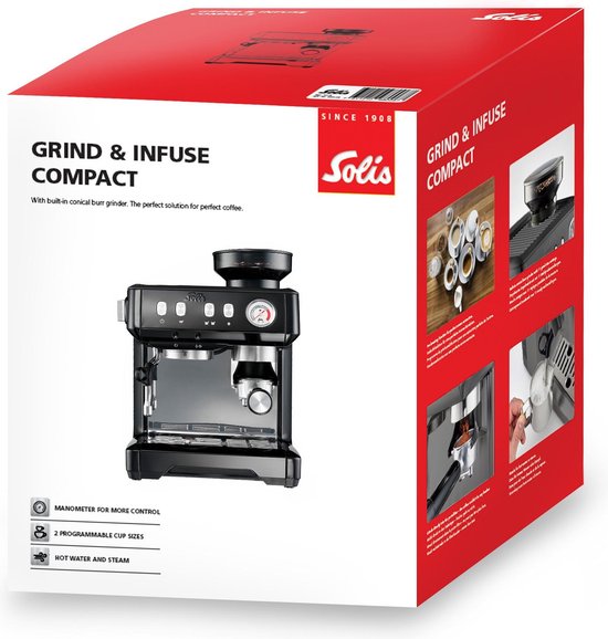 Solis Grind & Infuse Compact 1018 Machine à piston - Machine à espresso - Convient aux tampons - Acier inoxydable Noir
