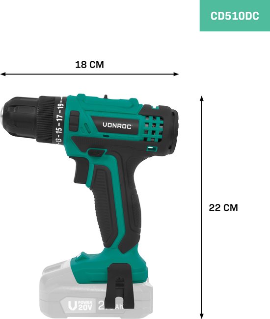 VONROC Perceuse sans fil 20V - 19 positions de vissage + position de perçage - 2 embouts inclus - Batterie et chargeur rapide inclus
