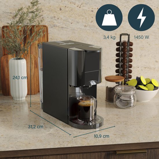 Princess 249454 Machine à café multi-capsules - 4 en 1 - Convient aux capsules Nespresso - Dolce Gusto - Noir / Argent