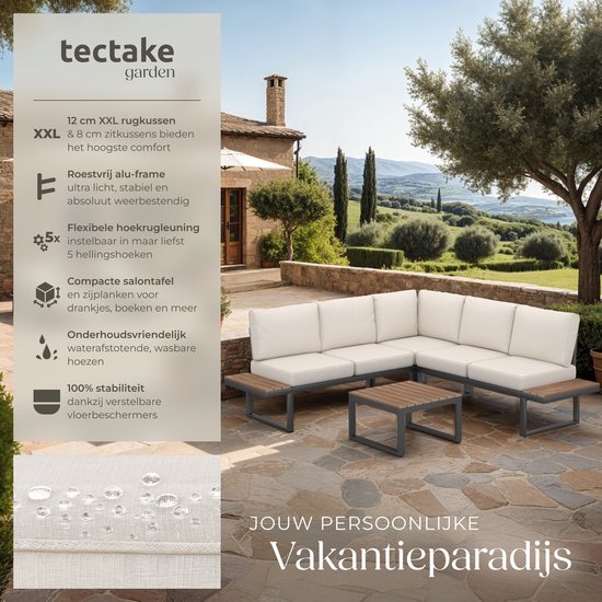 tectake® Garden set - lounge set 4-piece - Salon de jardin résistant aux intempéries avec structure en aluminium et table en polywood - Dossier réglable - Salon de jardin avec coussins - Idéal pour le jardin, le balcon et la terrasse