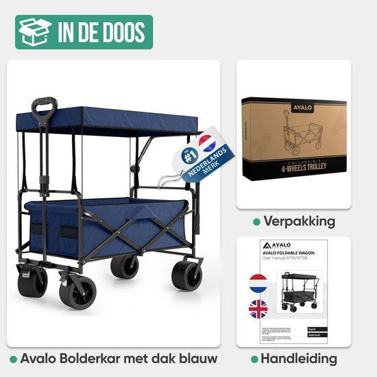 Avalo Bolderkar Avec Toit XL Pliable - Capacité de charge jusqu'à 110KG - 120L - 97x60x105 CM - Roues 360º - Bolderwagen / Bolderwagen / Chariot de plage / Chariot de randonnée / Bolderkar pliable - Pour la plage - Bleu
