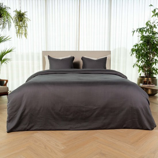 Kayori Elin Housse de couette Satin de coton - 240x200-220 cm +2 taies d'oreiller - Lits-jumeaux - Anthracite