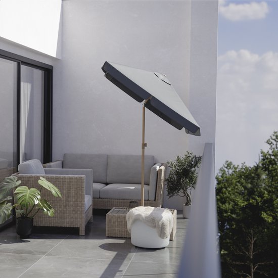 LifeGoods Parasol - Jardin - Parasol de balcon - 200x125cm - 30° inclinable - Imperméable - UPF50+ - Revêtement en bois - Gris foncé